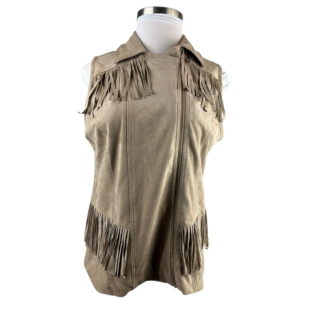 Chico's Faux Suede Fringe Vest Moto Zip Tan Size 2 Large 12 Fall Western Country - Picture 4 of 14